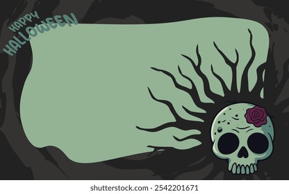 Feliz Halloween Ilustração Plano de Fundo Assustador Zumbi Skull Design. Apresentando um design zumbi divertido e assustador para convites de festa, gráficos de mídia social, cartazes e banners.