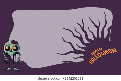 Feliz Dia das Bruxas Ilustração Plano de Fundo Design Zumbi assustador. Apresentando um design zumbi divertido e assustador para convites de festa, gráficos de mídia social, cartazes e banners.