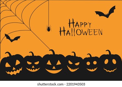 Happy Halloween background with jack-o-lantern, bats and spider in silhouette