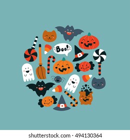 Happy Halloween background  in kawaii childish style: pumpkin, bat, candy, lollipop, witch hat, moon, spider, ghost, broom, pot, boo, cat. Vector illustration.
