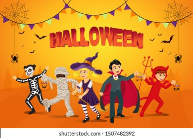 Happy halloween background. kids dressed in halloween costume to go Trick or Treating with orange background