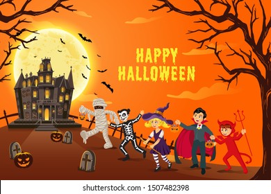 Happy halloween background. kids dressed in halloween costume to go Trick or Treating with mysterious haunted house on a moonlit night