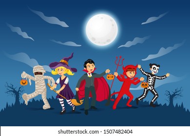 Happy halloween background. kids dressed in halloween costume to go Trick or Treating with blue background