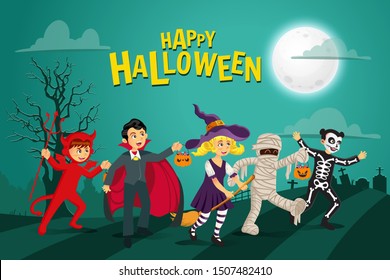 Happy halloween background. kids dressed in halloween costume to go Trick or Treating with green background