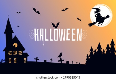 Happy halloween background. Laughing witch flies on a broomstick, cemetery and old house. Halloween party invitations or greeting cards template. Place for text. Vector illustration