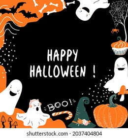 Happy Halloween background. Lettering. Pumpkins, bats, spiders, cute ghosts, mushrooms  and bones. Doodle border. Vector frame