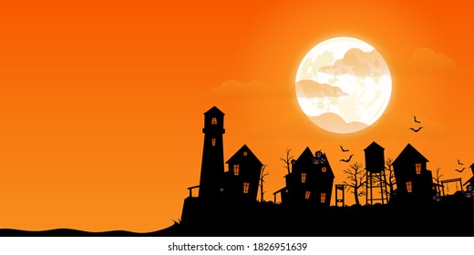 Happy Halloween background. 
Lighthouse and abandoned village, horror style. Vector illustration.