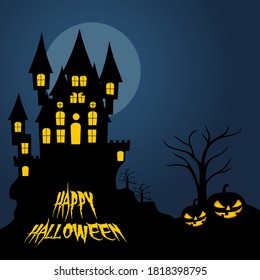 Happy Halloween background with Lighting Castle at the forest design.