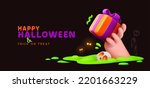 Happy Halloween background from magic green potion sticking hand and giving gift box. Realistic 3d design in cartoon style. Holiday banner, web poster, stylish flyer greeting card. vector illustration