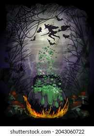 Happy halloween Hintergrund mit magischem Topf, giftigem Pilz und Hexe, Vektorgrafik