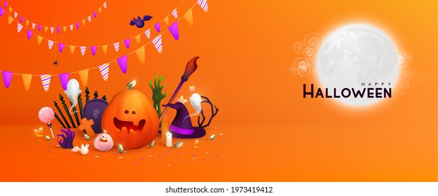 Happy Halloween background, Minimal 3d vector illustration, graphic banner, cute design. Trendy Halloween poster: pumpkin, ghost, spider, cobweb, etc.