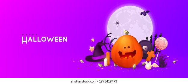 Happy Halloween background, Minimal 3d vector illustration, graphic banner, cute design. Trendy Halloween poster: pumpkin, ghost, spider, cobweb, etc.
