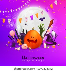 Happy Halloween background, Minimal 3d vector illustration, graphic banner, cute design. Trendy Halloween poster: pumpkin, ghost, spider, cobweb, etc.	
