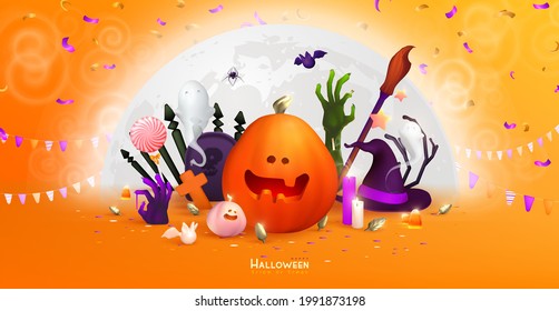 Happy Halloween background, Minimal 3d vector illustration, graphic banner, cute design. Trendy Halloween poster: pumpkin, ghost, spider, cobweb, etc.	
