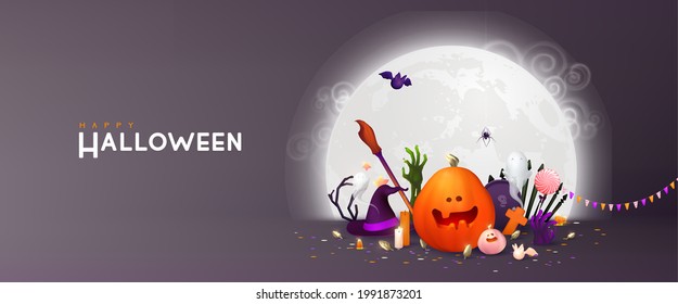 Happy Halloween background, Minimal 3d vector illustration, graphic banner, cute design. Trendy Halloween poster: pumpkin, ghost, spider, cobweb, etc.	
