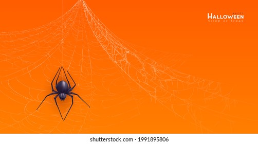 Happy Halloween background, Minimal 3d vector illustration, graphic banner, cute design. Trendy Halloween poster: spider, cobweb, etc.