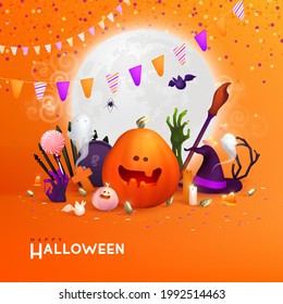 Happy Halloween background, Minimal 3d vector illustration, graphic banner, cute design. Trendy Halloween poster: pumpkin, ghost, spider, cobweb, etc.	
