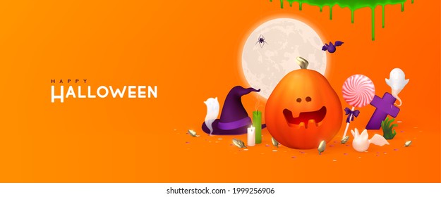 Happy Halloween background, Minimal 3d vector illustration, graphic banner, cute design. Trendy Halloween poster: pumpkin, ghost, spider, cobweb, etc.	
