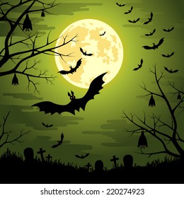 Happy Halloween background with moon and bats at the cemetery