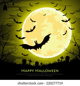 Happy Halloween background with moon and bats at the cemetery