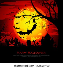 Happy Halloween background with moon and bats on a red background