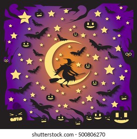 Happy Halloween background with moon, bats, witch and pumpkins vector