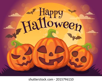Happy Halloween. Halloween background with moon, pumpkins, bats
