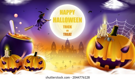 Happy Halloween background with night cloud, witch and pumpkin.