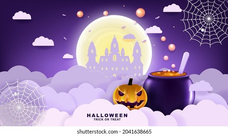 Happy Halloween background with night clouds and pumpkins in paper cut art and craft.