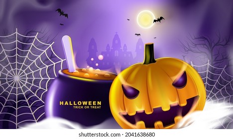 Happy Halloween background with night clouds and pumpkins.