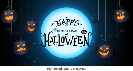 Happy Halloween background with night full moon and pumpkins in cool style.spiders and flying bats.