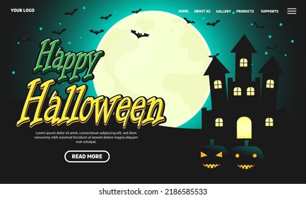 Happy Halloween Background - Night moon composition with vintage castle glowing pumpkins and bats flying over the sky