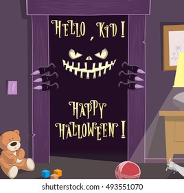 Happy Halloween background. Night. Spooky nightmare monster looking scary eyes inside kids room from dark door. Cute toys. Concept design holiday poster, banner, flyer or cards. Vector illustration