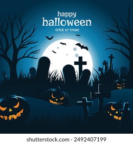 Happy Halloween background. Night view of the cemetery, with full moon, flying bats, tombstones and scary pumpkins