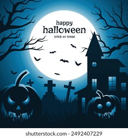 Happy Halloween background. Night view of haunted house, with full moon, flying bats, tombstones and scary pumpkins