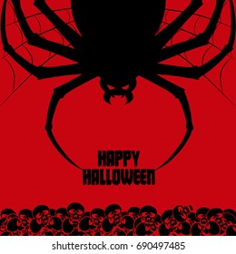 Happy Halloween background. Nightmare big spider monster in web on backdrop on funny skulls. Design for concept banner, poster, flyer, cards or invites on party. Cartoon style. Vector illustration.