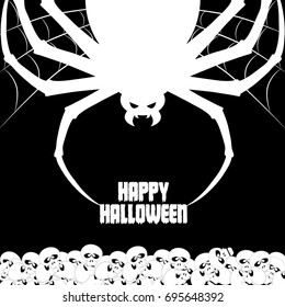 Happy Halloween background. Nightmare big spider monster in web on backdrop on funny skulls. Design for concept banner, poster, flyer, cards or invites on party. Cartoon style. Vector illustration.