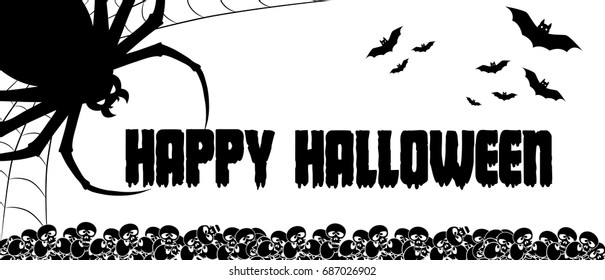 Happy Halloween background. Nightmare spider monster in web on backdrop on funny skulls and scary bats. Design concept banner, poster, cards or invites on party. Cartoon style. Vector illustration.