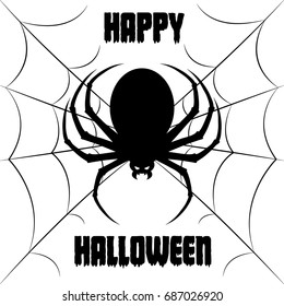 Happy Halloween background. Nightmare spider monster in web. Design for concept banner, poster, flyer, cards or invites on party. Cartoon style. Vector illustration.