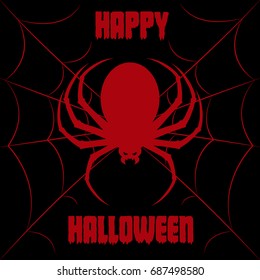 Happy Halloween background. Nightmare spider monster in web. Design for concept banner, poster, flyer, cards or invites on party. Cartoon style. Vector illustration