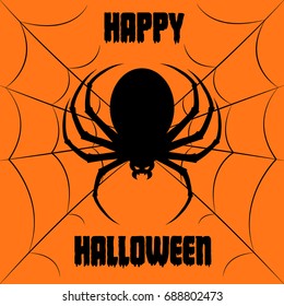Happy Halloween background. Nightmare spider monster in web. Design for concept banner, poster, flyer, cards or invites on party. Cartoon style. Vector illustration.