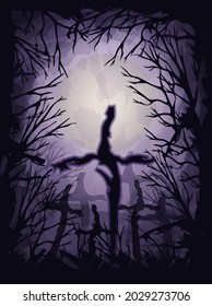 Happy halloween background with old cemetery cross. vector illustration