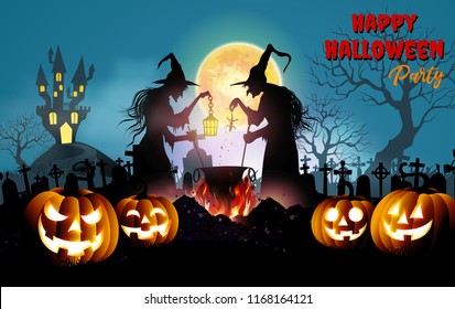 Happy Halloween background with Old witch with magical potion and the dead trees and Dracula castle  under the moonlight.- Vector illustration