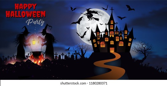 Happy Halloween background with Old witch with magical potion and the dead trees and Dracula castle under the moonlight.- Vector illustration