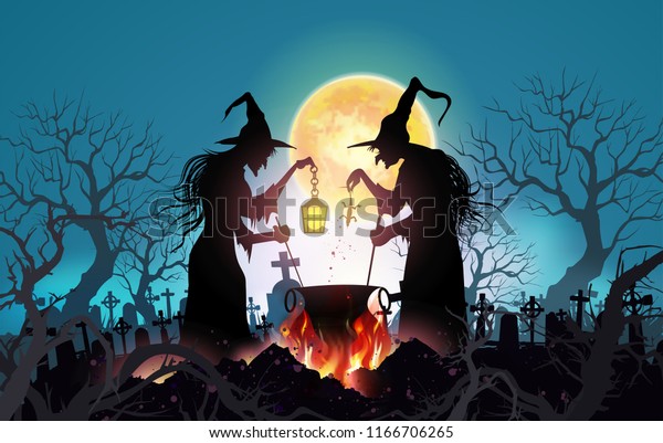 Happy Halloween background with Old witch\
with magical potion and the dead trees under the moonlight.- Vector\
illustration