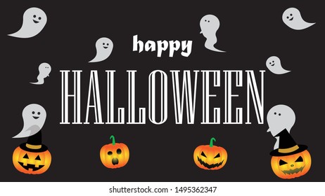 Happy halloween background on black background with flying transparent ghosts, pumpkins, and text of Happy Halloween