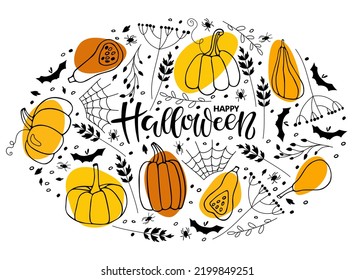 Happy Halloween background. Oval Border with orange Pumpkins, black dry plants, bat, spider, cobweb. Hand drawn autumn vector circle background. Halloween holidays sketch design for card, invitation