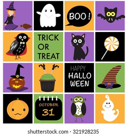 Happy Halloween background with owls, witch legs, pumpkins lantern, trick or treat, candy, bat, black cat, ghost say boo vector. illustration EPS10.