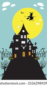 Happy Halloween Background or party invitation banner vector. halloween haunted house with dark castle yellow moon background illustration. graveyard, boo, ghost, moon, creepy, pumpkin, clouds.