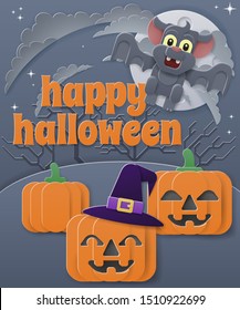  A Happy Halloween background or party invite with a vampire bat and carved Jack O Lantern pumpkins
